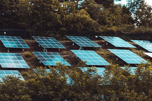Solar panels in a field on a hill